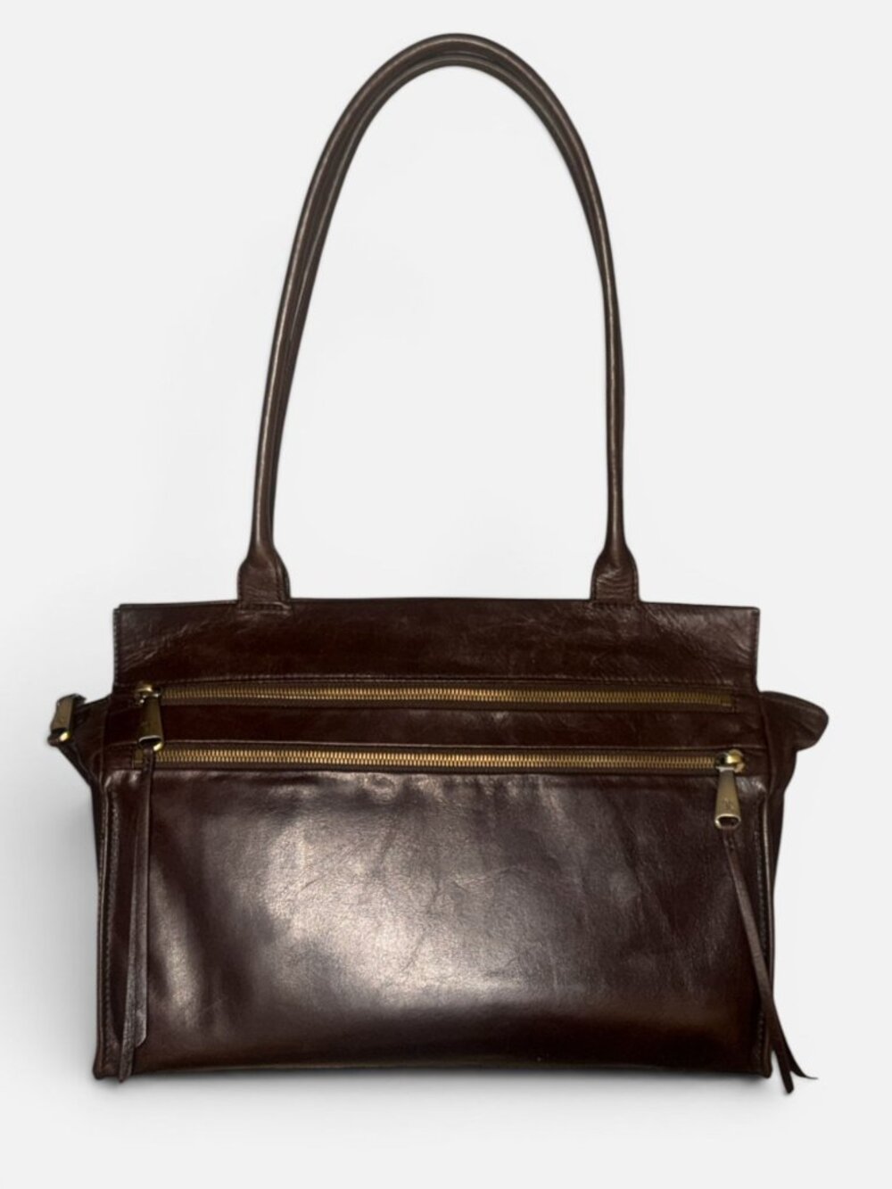 HOBO Seeker Shoulder Bag Chocolate Brown Polished Leather Double Handle Satchel - Picture 2 of 7